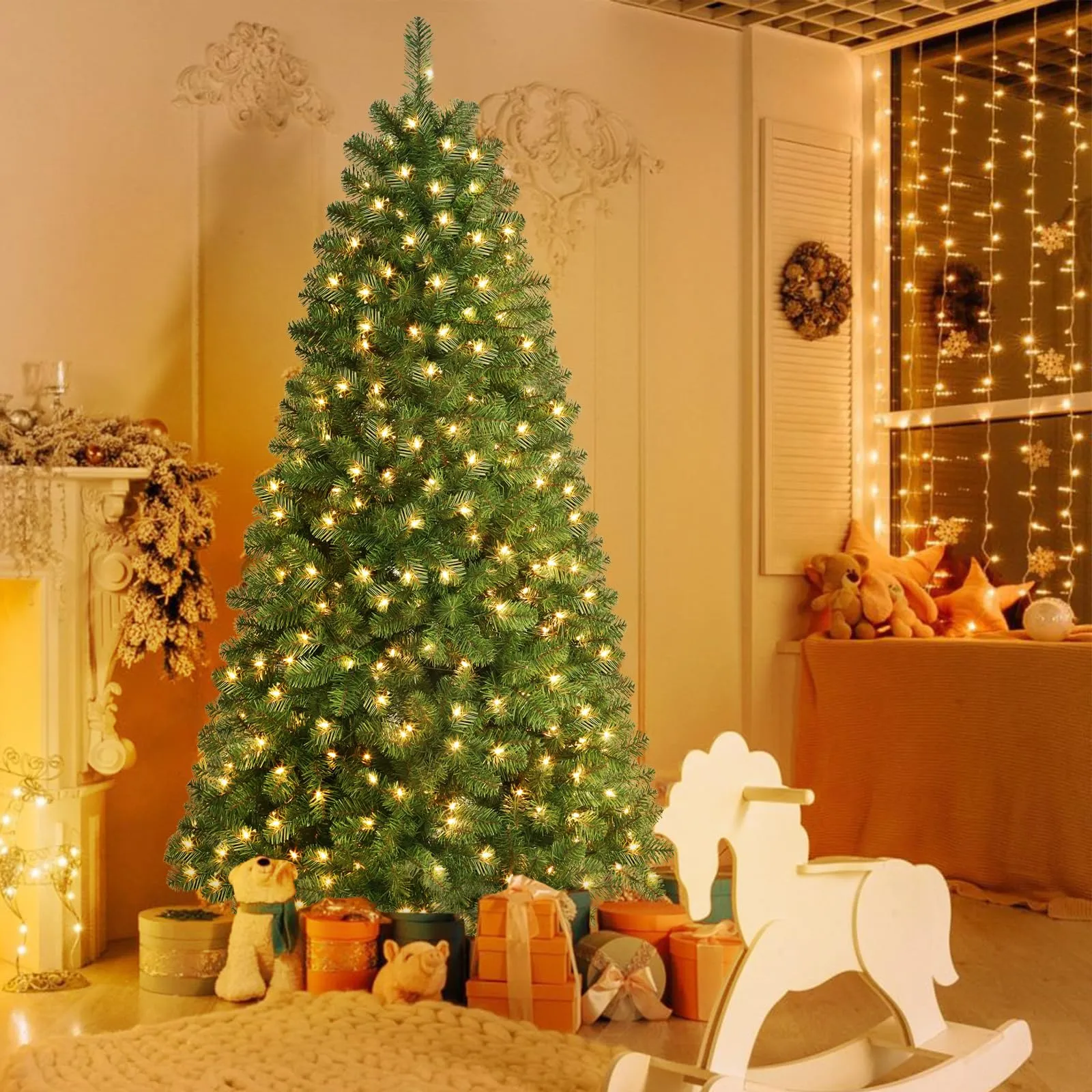 7ft Prelit Premium Artificial Hinged Christmas Tree with Warm White Lights