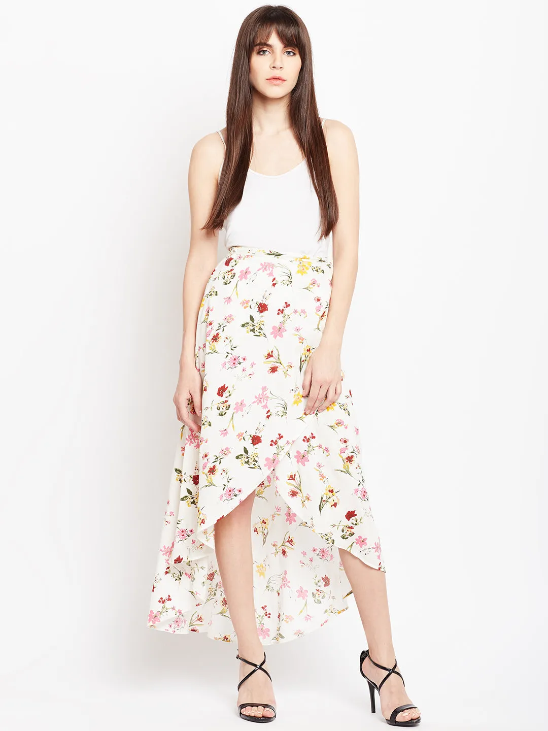 Berrylush Women White & Pink Floral Printed Asymmetrical Fit & Flare Longline Skirt