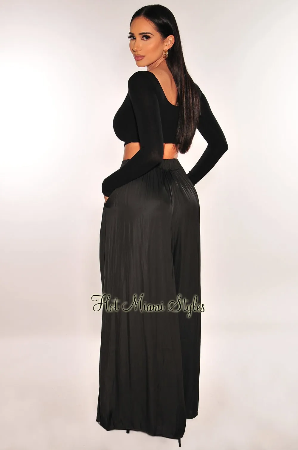 Black Silky High Waist Pleated Palazzo Pants