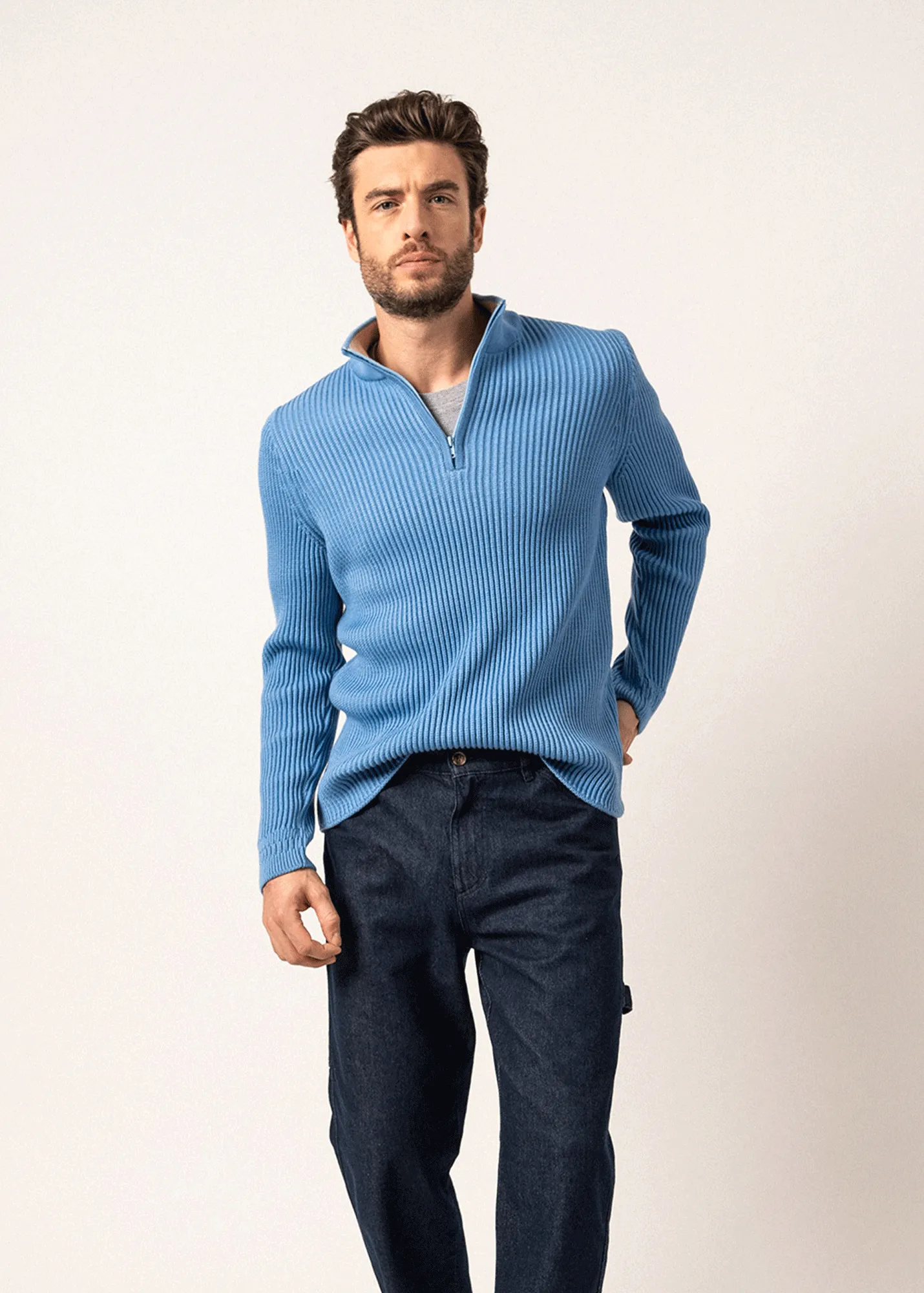 CHAMROUSSE - Quarter Zip Richelieu Rib Stitch Sweater for Men | 100% Wool (OXYGEN BLUE / BEIGE)