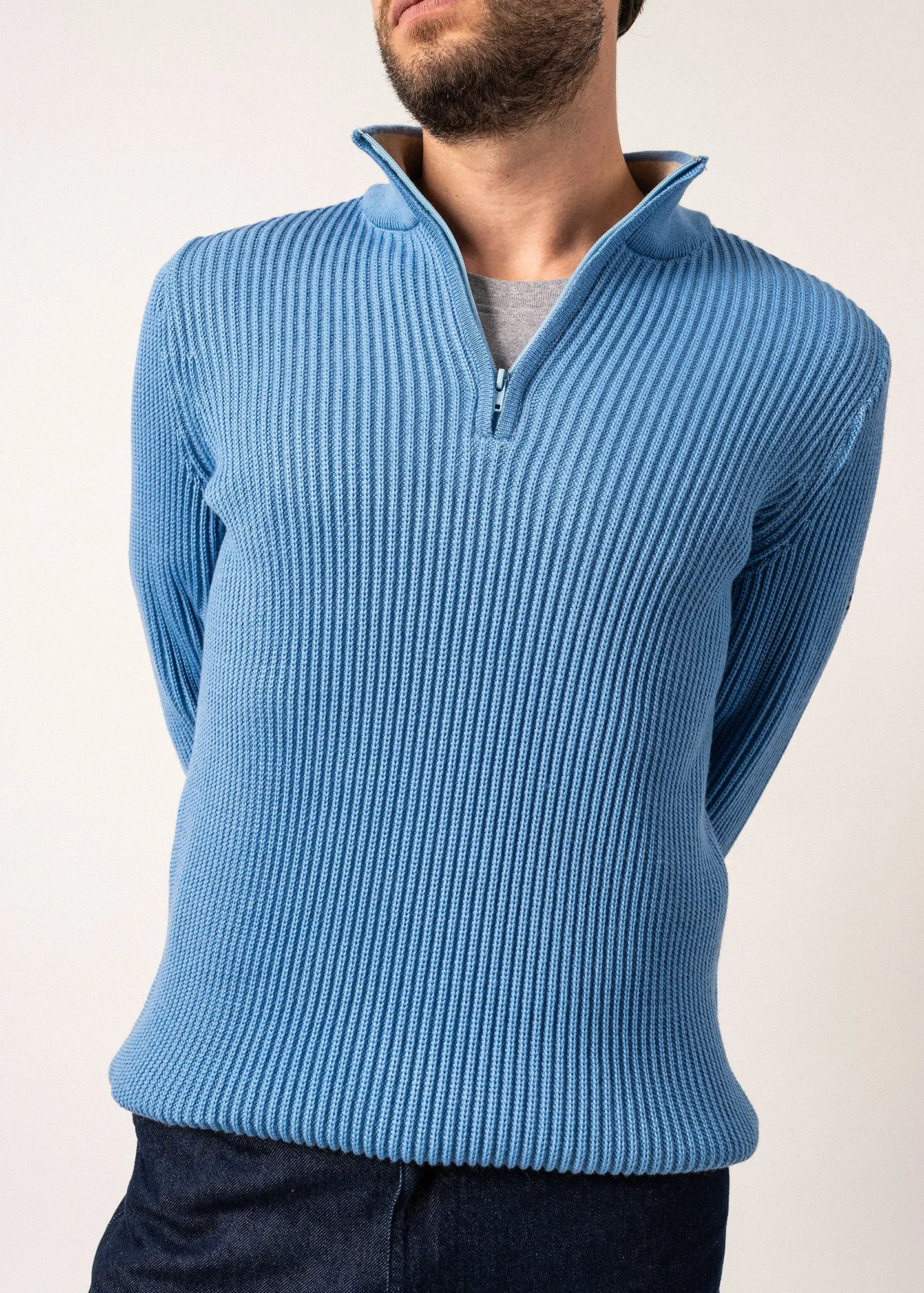 CHAMROUSSE - Quarter Zip Richelieu Rib Stitch Sweater for Men | 100% Wool (OXYGEN BLUE / BEIGE)