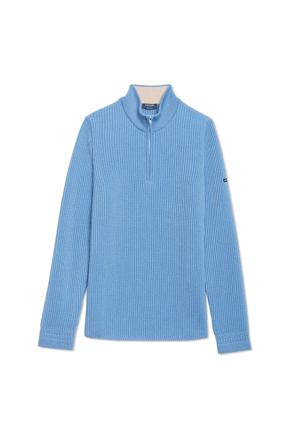 CHAMROUSSE - Quarter Zip Richelieu Rib Stitch Sweater for Men | 100% Wool (OXYGEN BLUE / BEIGE)