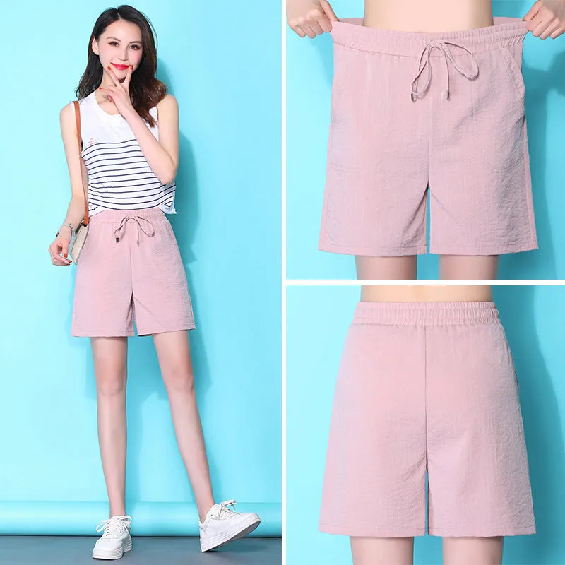 Cotton Blend Shorts Women Summer Elastic High Waist Slim Look All-Matching Loose Thin Plus Size Casual Wide Leg Mid-Length Pants Bermuda Shorts