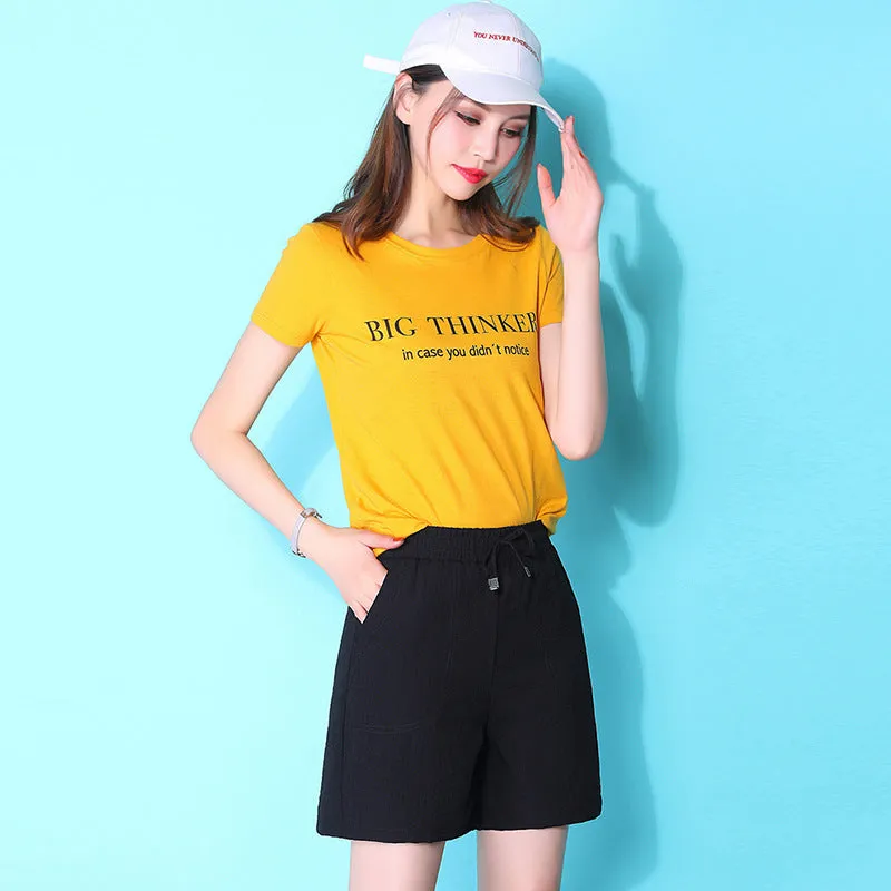 Cotton Blend Shorts Women Summer Elastic High Waist Slim Look All-Matching Loose Thin Plus Size Casual Wide Leg Mid-Length Pants Bermuda Shorts