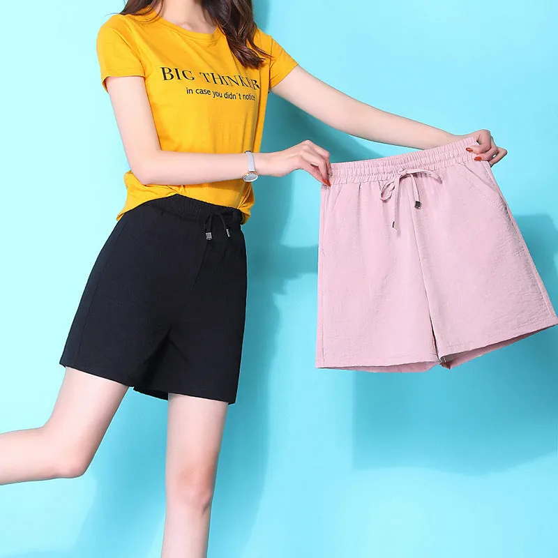 Cotton Blend Shorts Women Summer Elastic High Waist Slim Look All-Matching Loose Thin Plus Size Casual Wide Leg Mid-Length Pants Bermuda Shorts