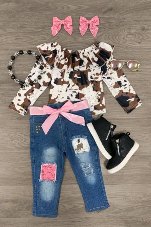 Cow Print Ruffle Denim Pant Set