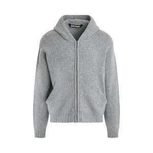 Curved Logo Zip Knit Hoodie in Melange Grey