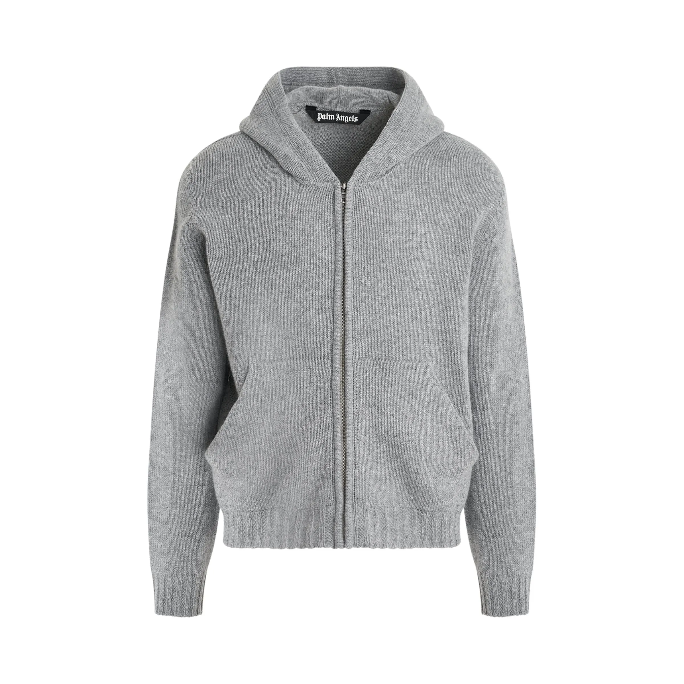 Curved Logo Zip Knit Hoodie in Melange Grey