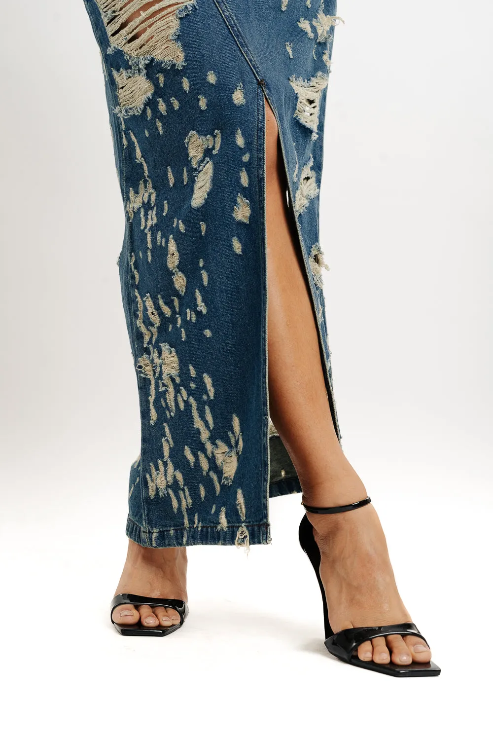 Distressed Tinted Front Slit Denim Skirt