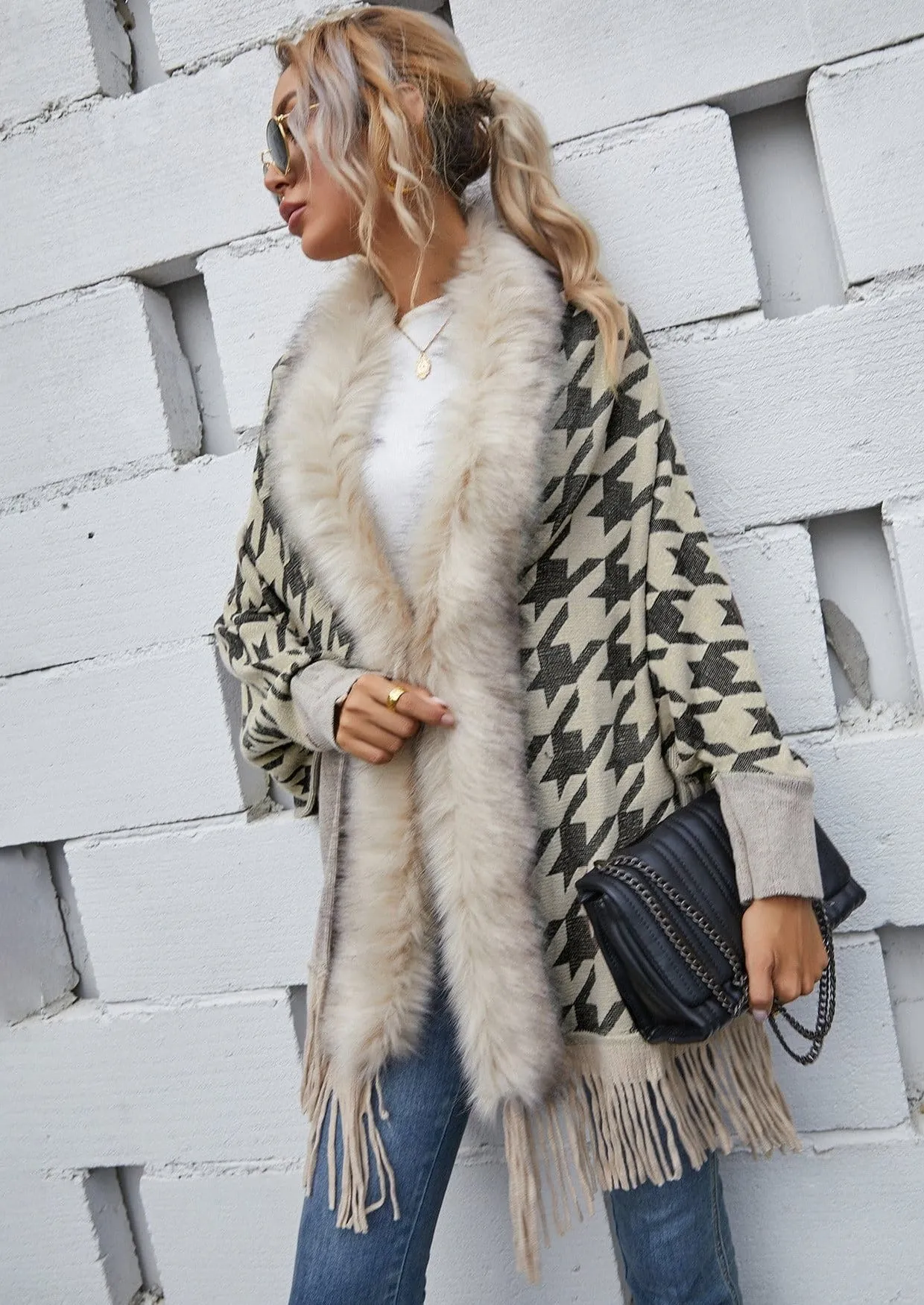 Faux Fur Trim Houndstooth Coat