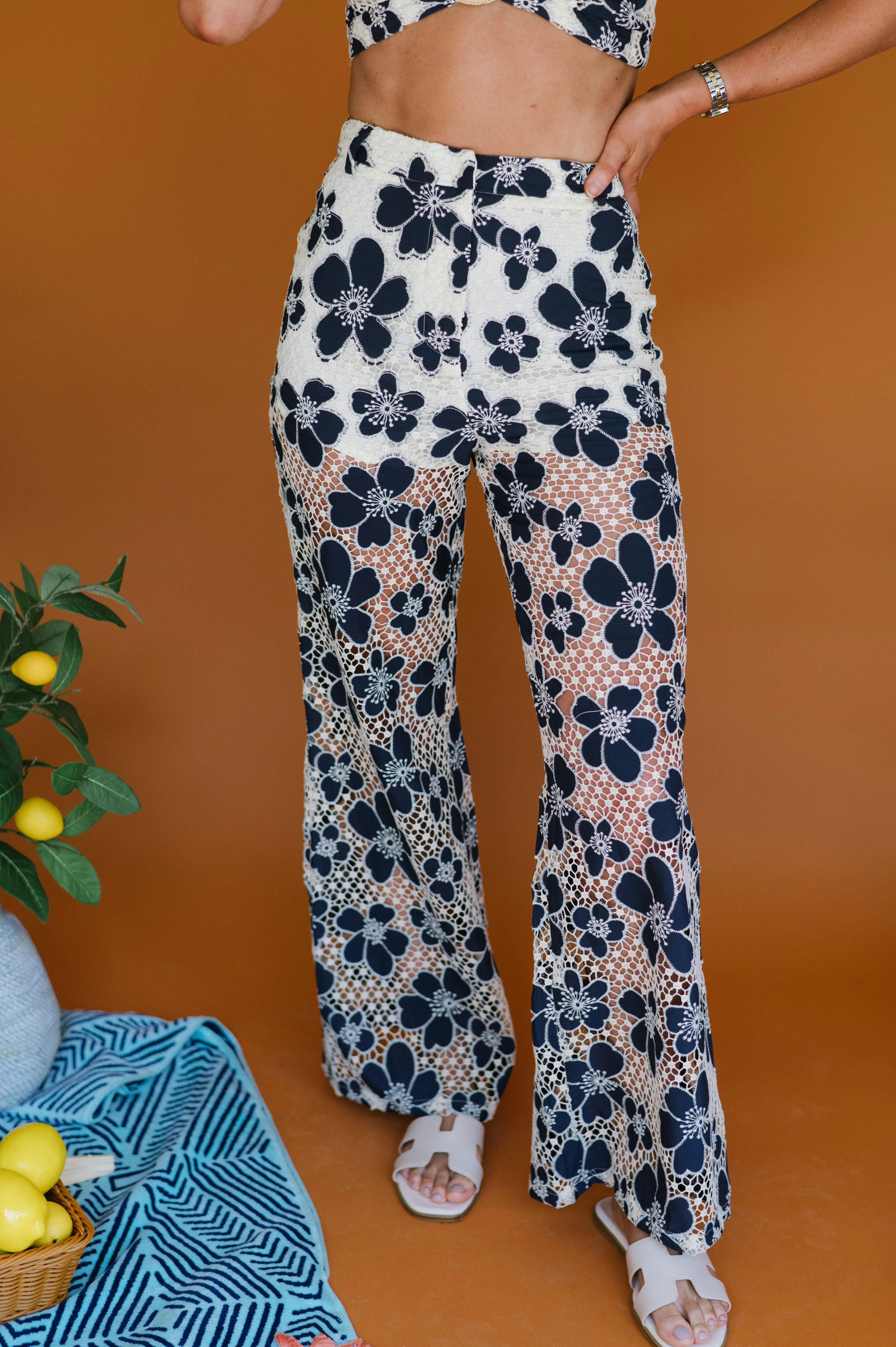 Flower Eyelet Pants Set- Navy