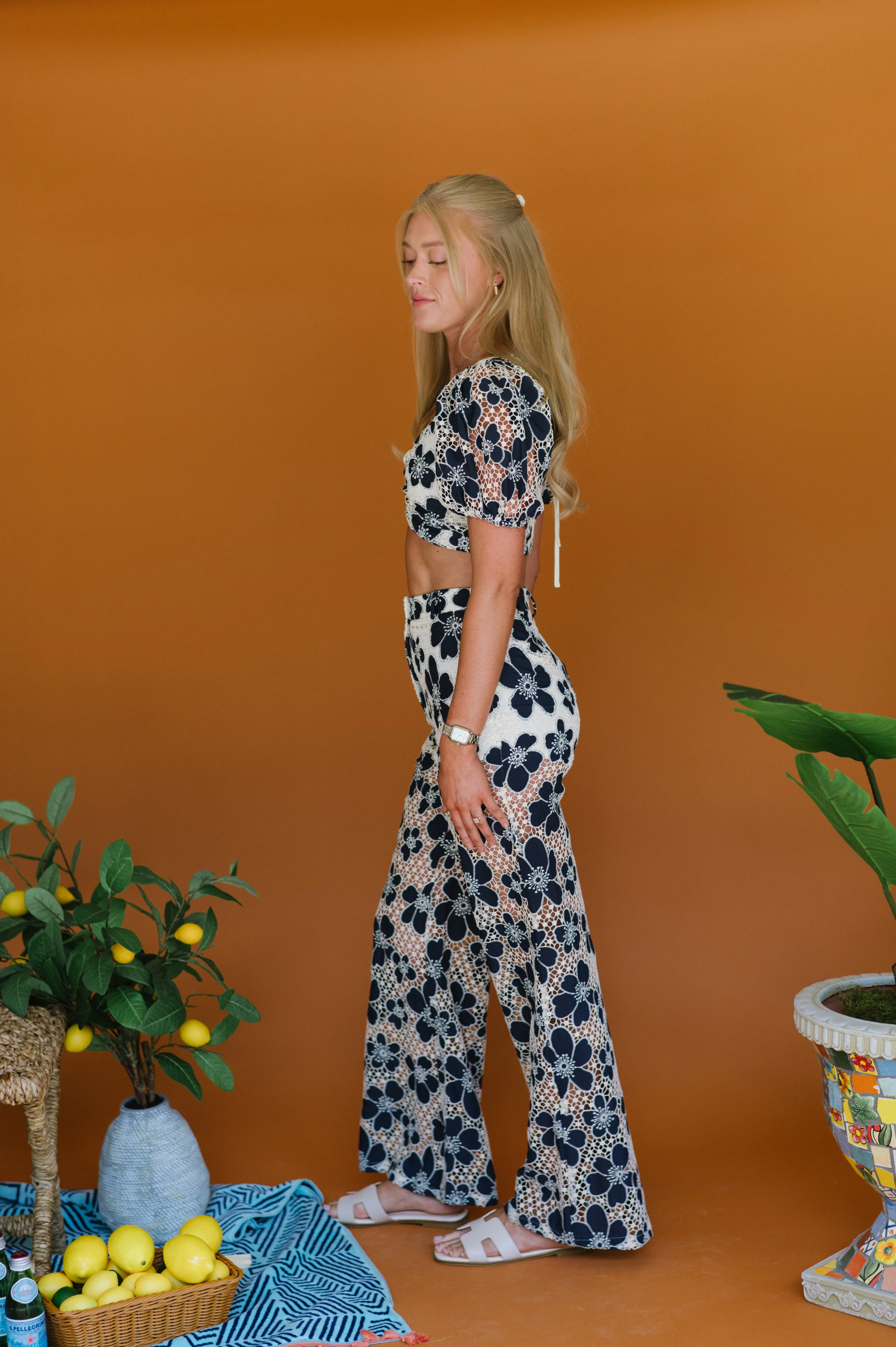 Flower Eyelet Pants Set- Navy