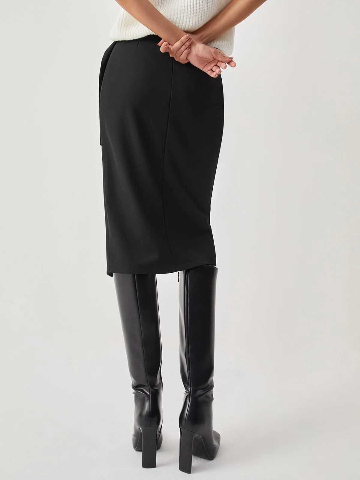 High Waist Slit Trendy Ruched Midi Skirt