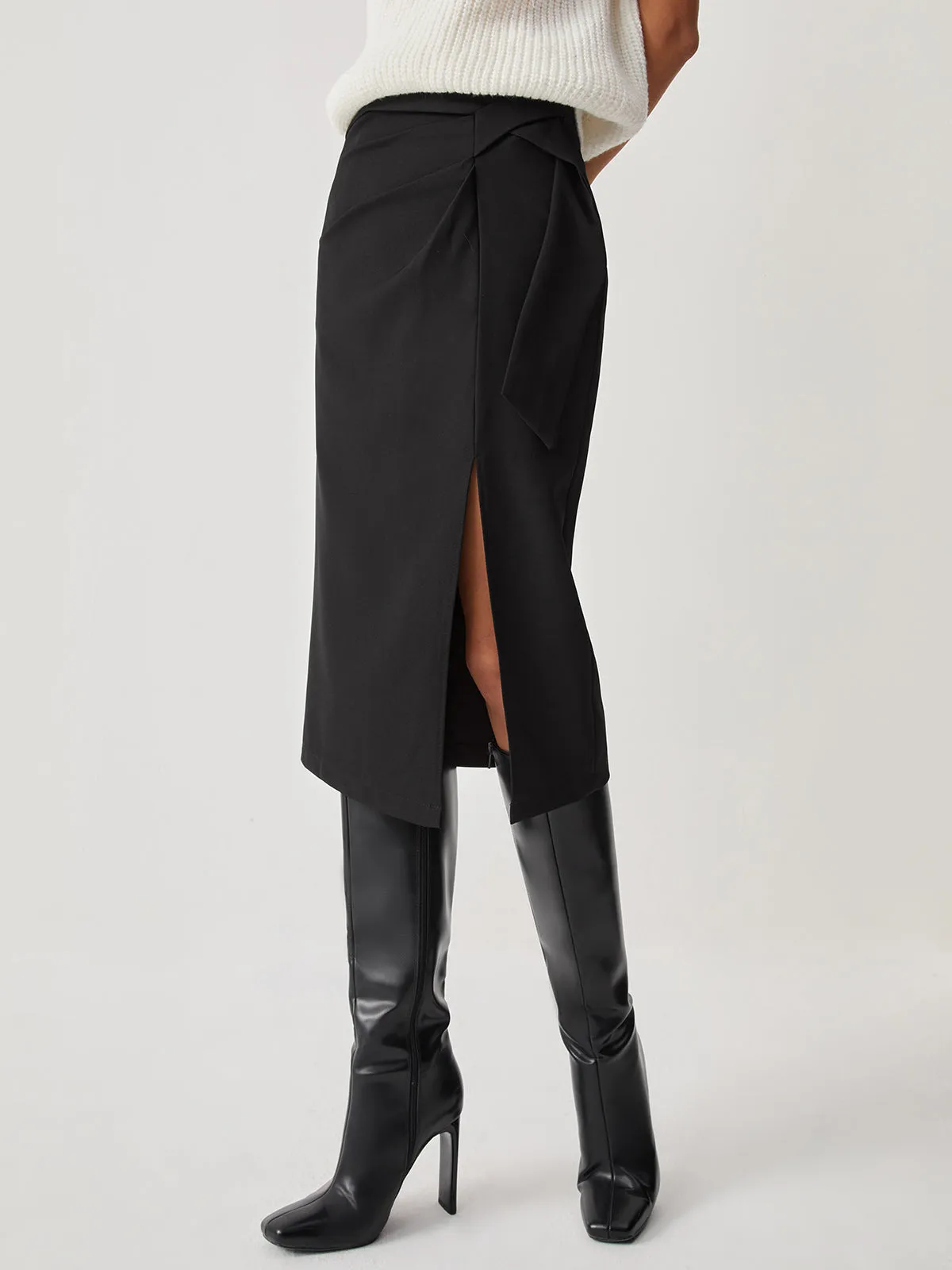 High Waist Slit Trendy Ruched Midi Skirt