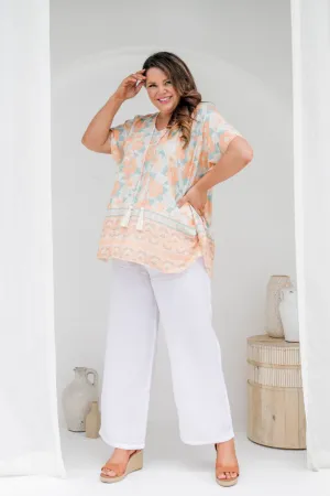 Kaftan Top - Peach Floral Border