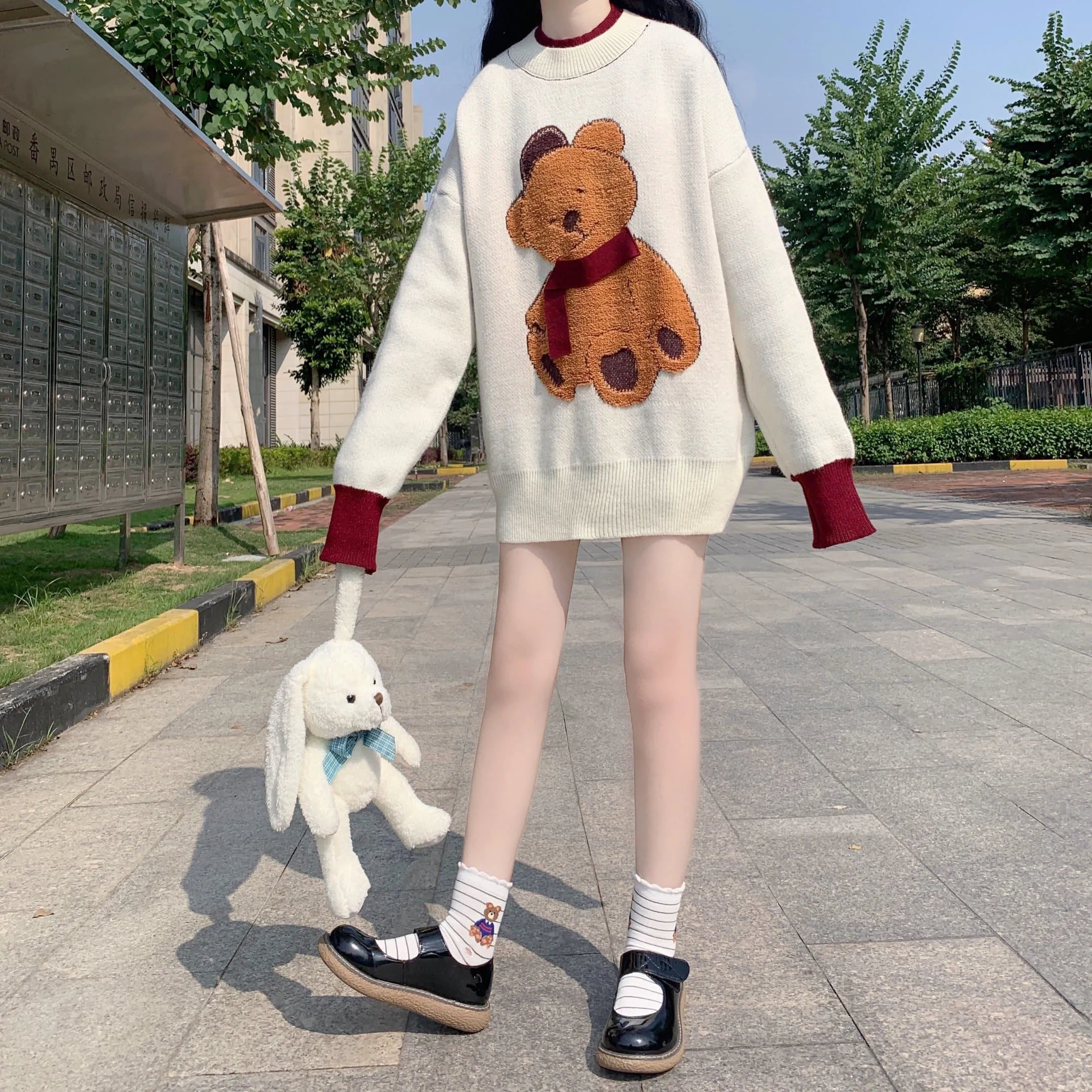 Knit Sweater With Bear Embroidery