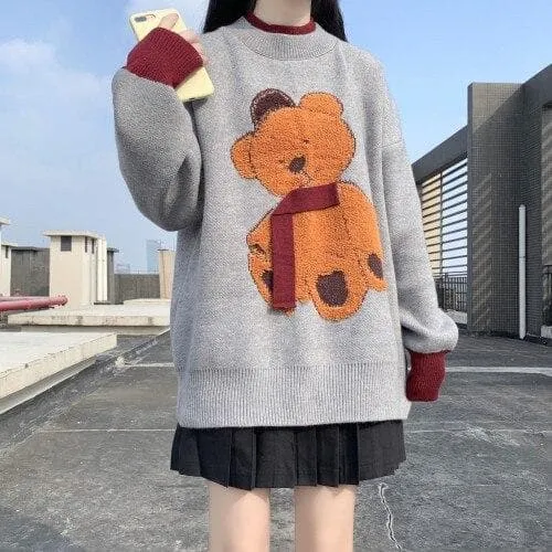 Knit Sweater With Bear Embroidery