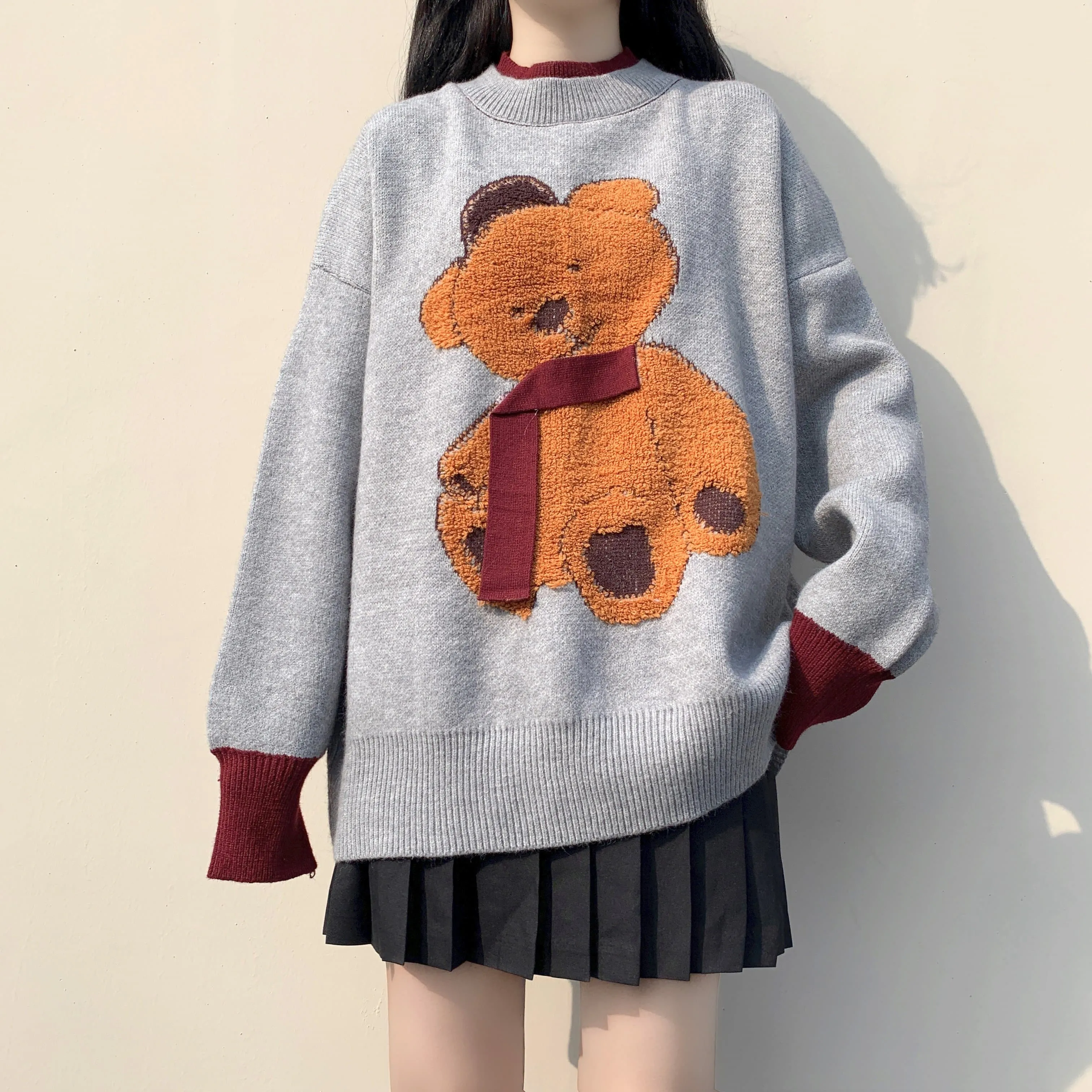 Knit Sweater With Bear Embroidery