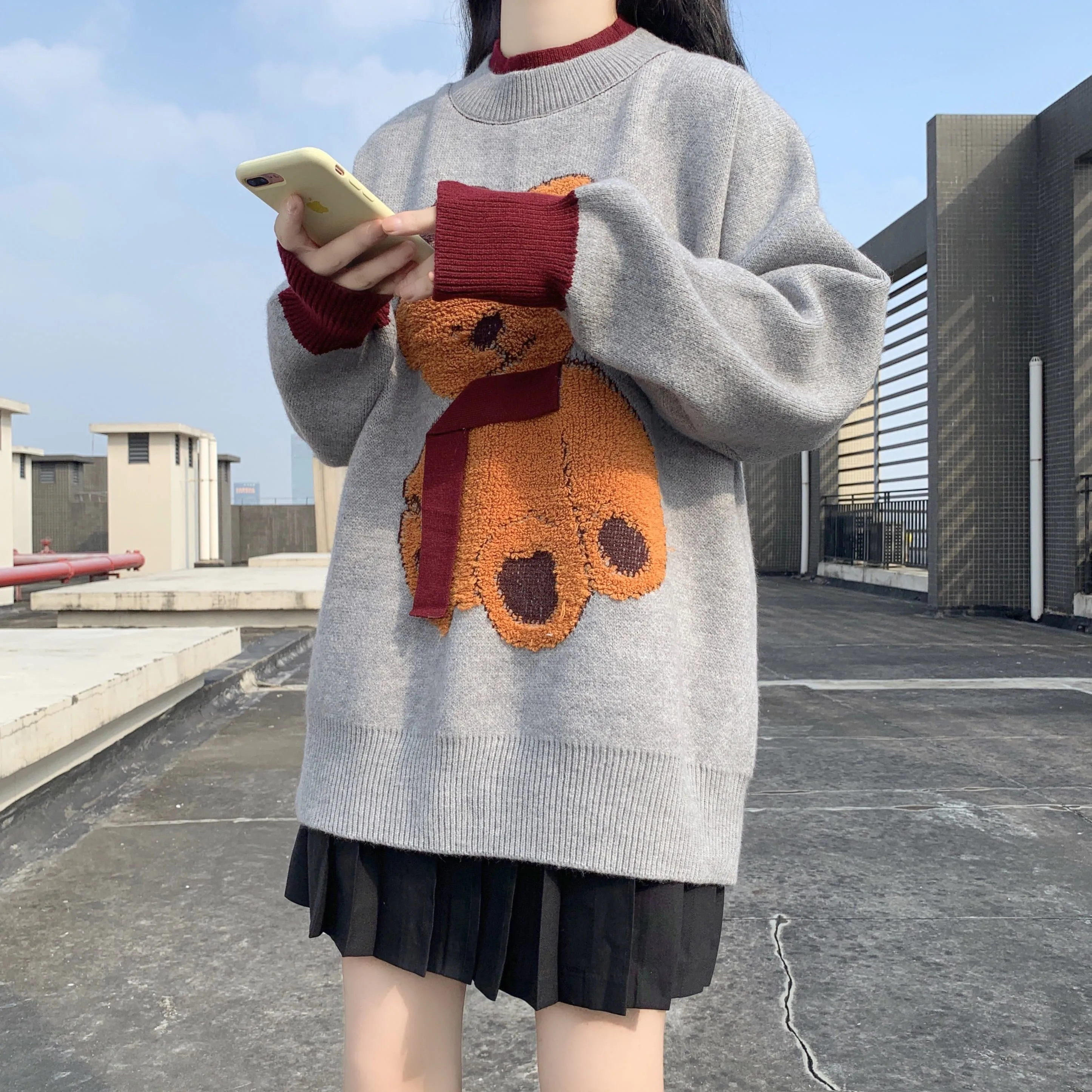 Knit Sweater With Bear Embroidery