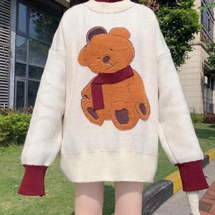 Knit Sweater With Bear Embroidery