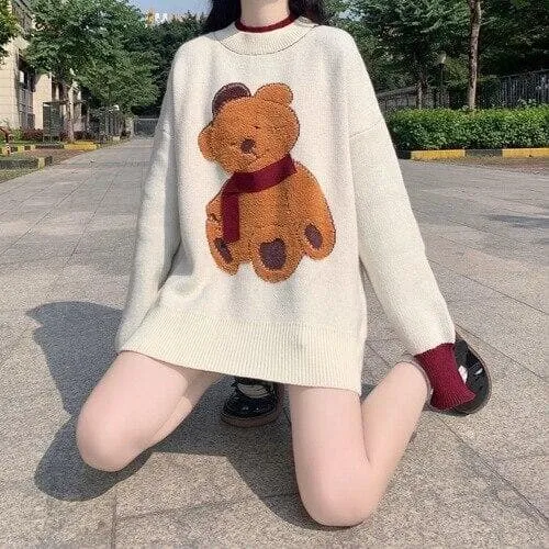 Knit Sweater With Bear Embroidery