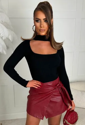 Luxe Fantasy Burgundy Faux Leather Wrap Mini Skirt