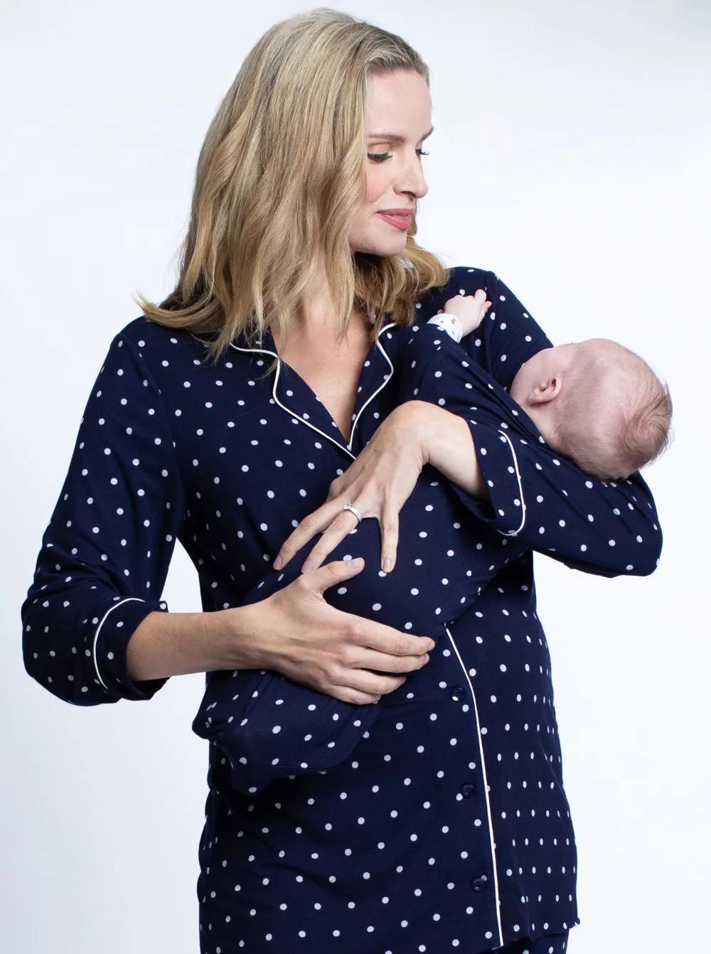 Maternity Top & Pants Pajamas Set   Free Baby Wrap - Navy Polkadots