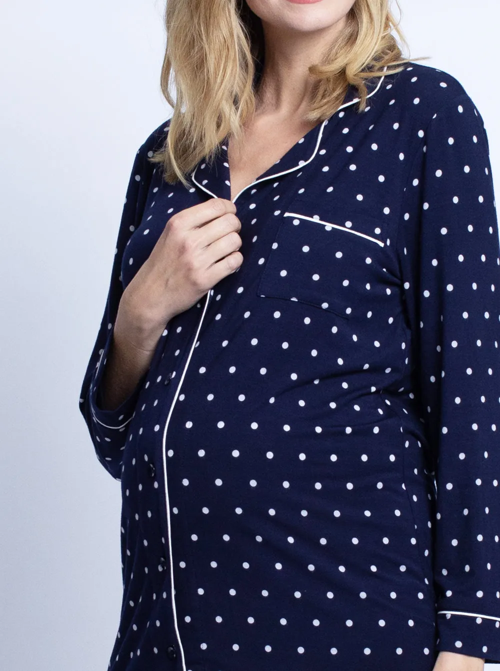 Maternity Top & Pants Pajamas Set   Free Baby Wrap - Navy Polkadots