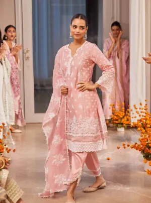 Mulmul Pima Satin Piti Pink Kurta With Mulmul Pima Satin Piti Pink Pant