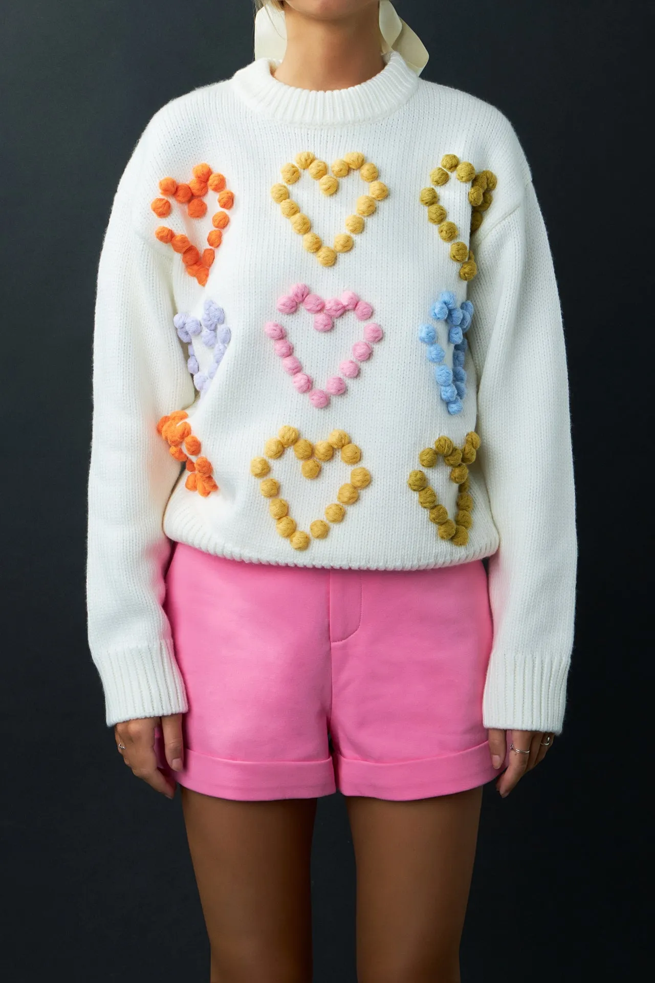 Multicolor Heart Pom Sweater