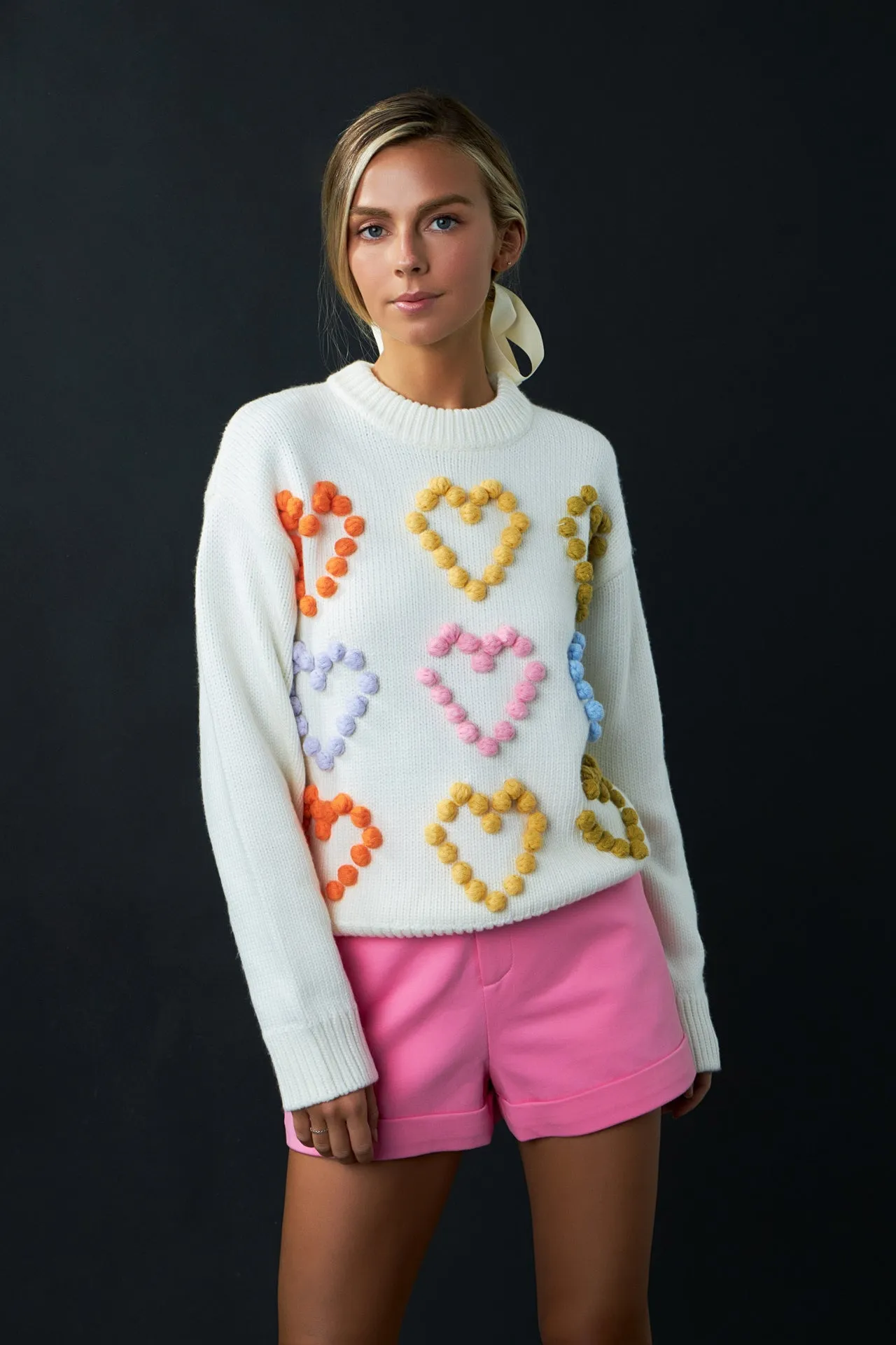 Multicolor Heart Pom Sweater