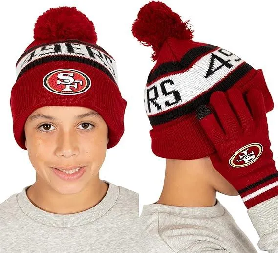 NFL Official Youth Super Soft Winter Beanie Knit Hat With Extra Warm Touch Screen Gloves|San Francisco 49ers