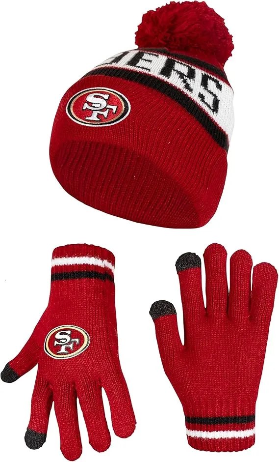 NFL Official Youth Super Soft Winter Beanie Knit Hat With Extra Warm Touch Screen Gloves|San Francisco 49ers