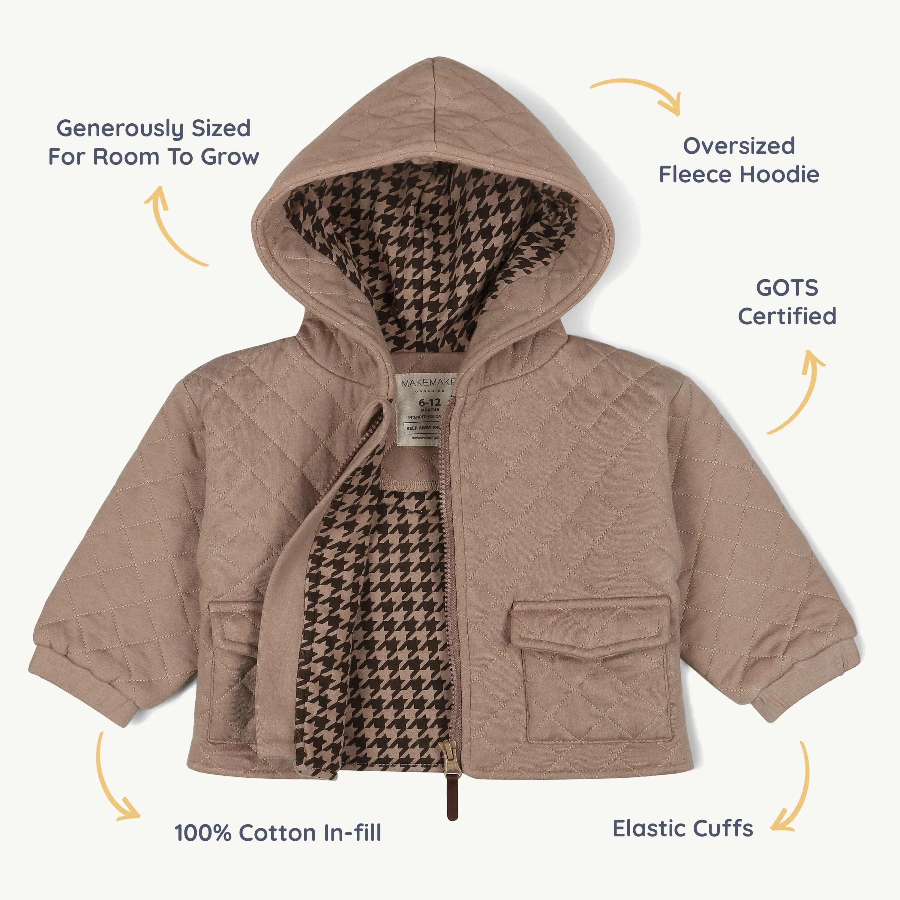 Organic Quilted Hooded Jacket | Taupe