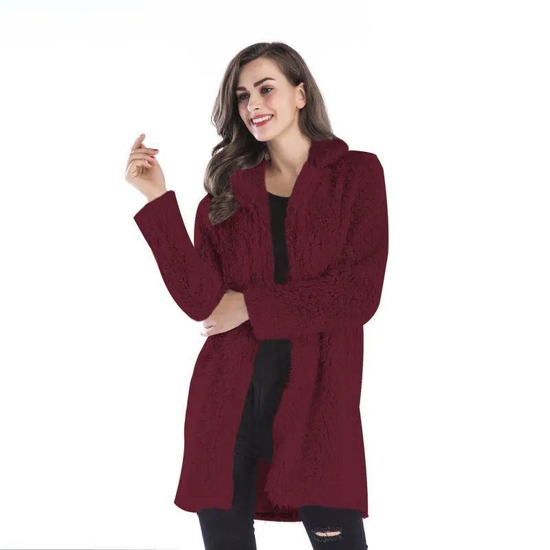 PEOPLETERRITORY New autumn and winter women's new fashionable and elegant lamb wool long-sleeved coat lapel fluffy medium and long coat