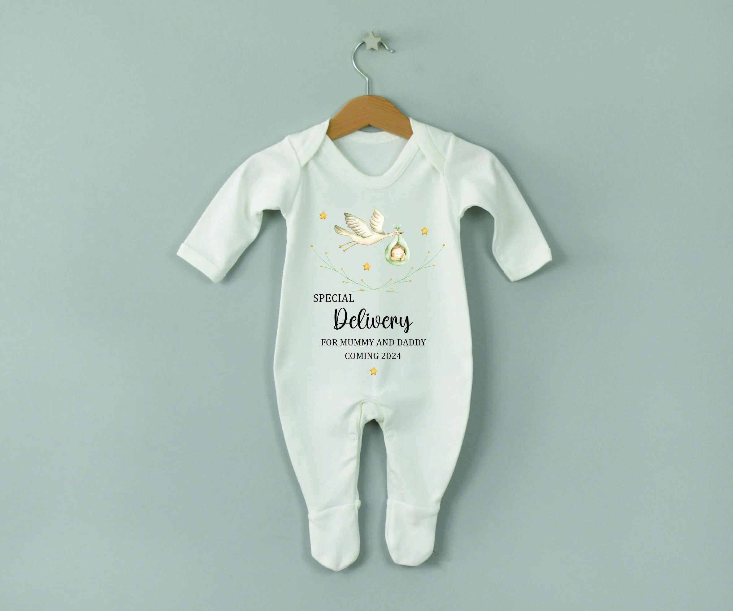 Personalised Special Delivery Stork Baby Announcement Vest/Romper - Mummy & Daddy