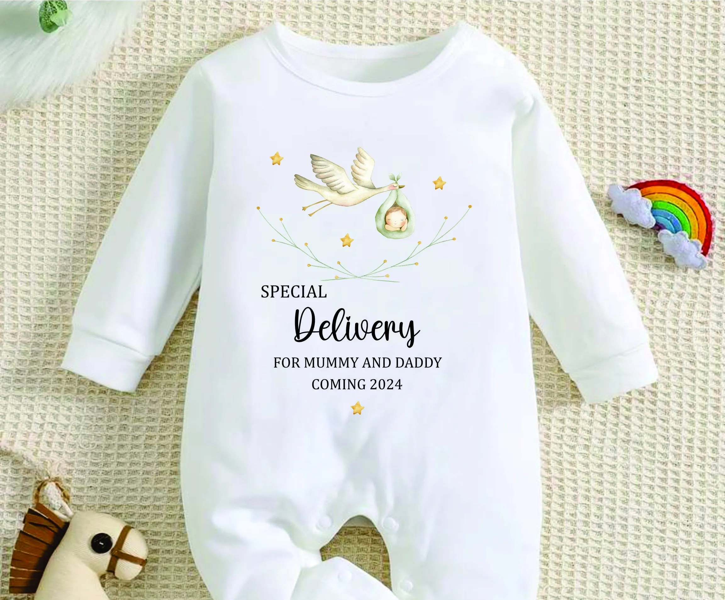 Personalised Special Delivery Stork Baby Announcement Vest/Romper - Mummy & Daddy