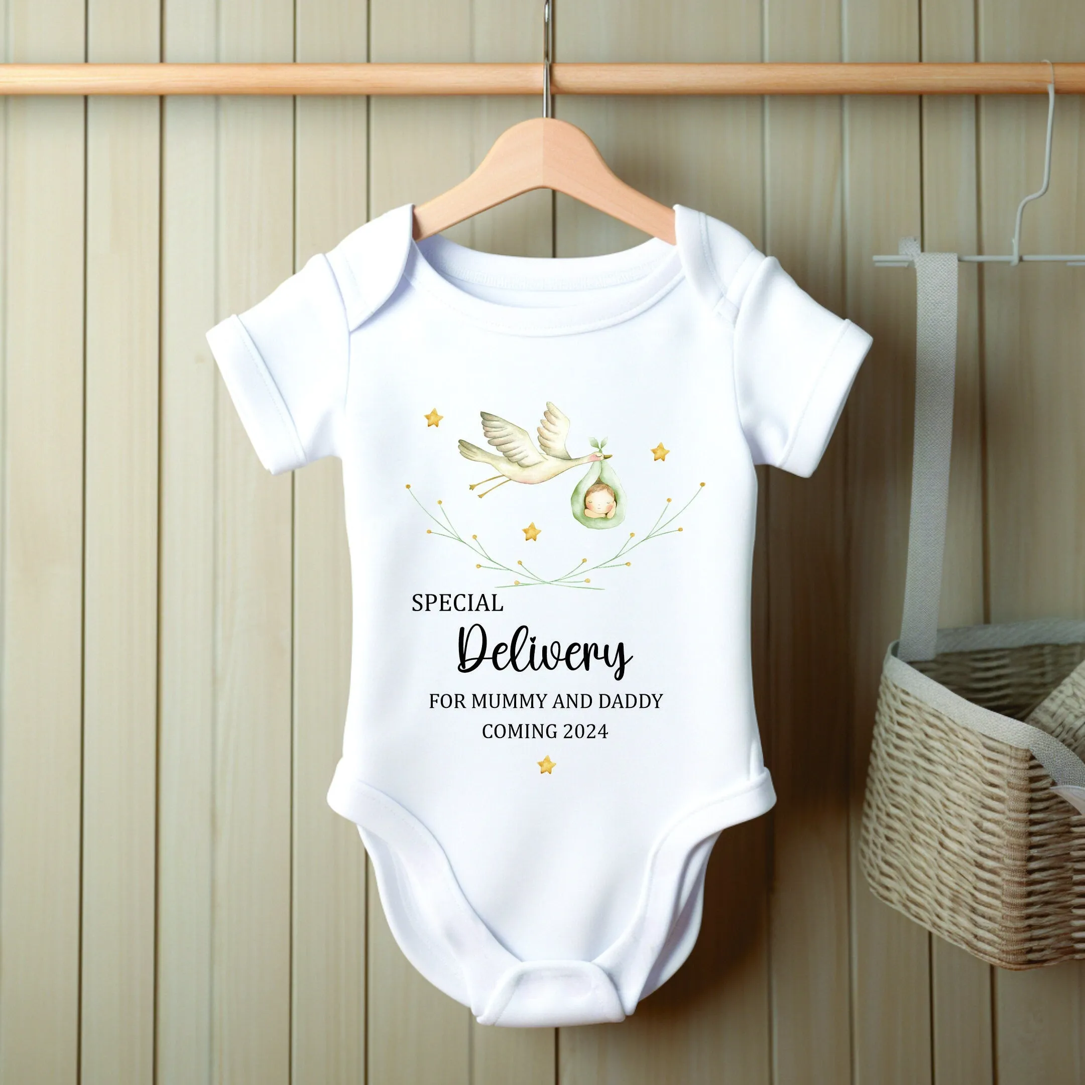 Personalised Special Delivery Stork Baby Announcement Vest/Romper - Mummy & Daddy