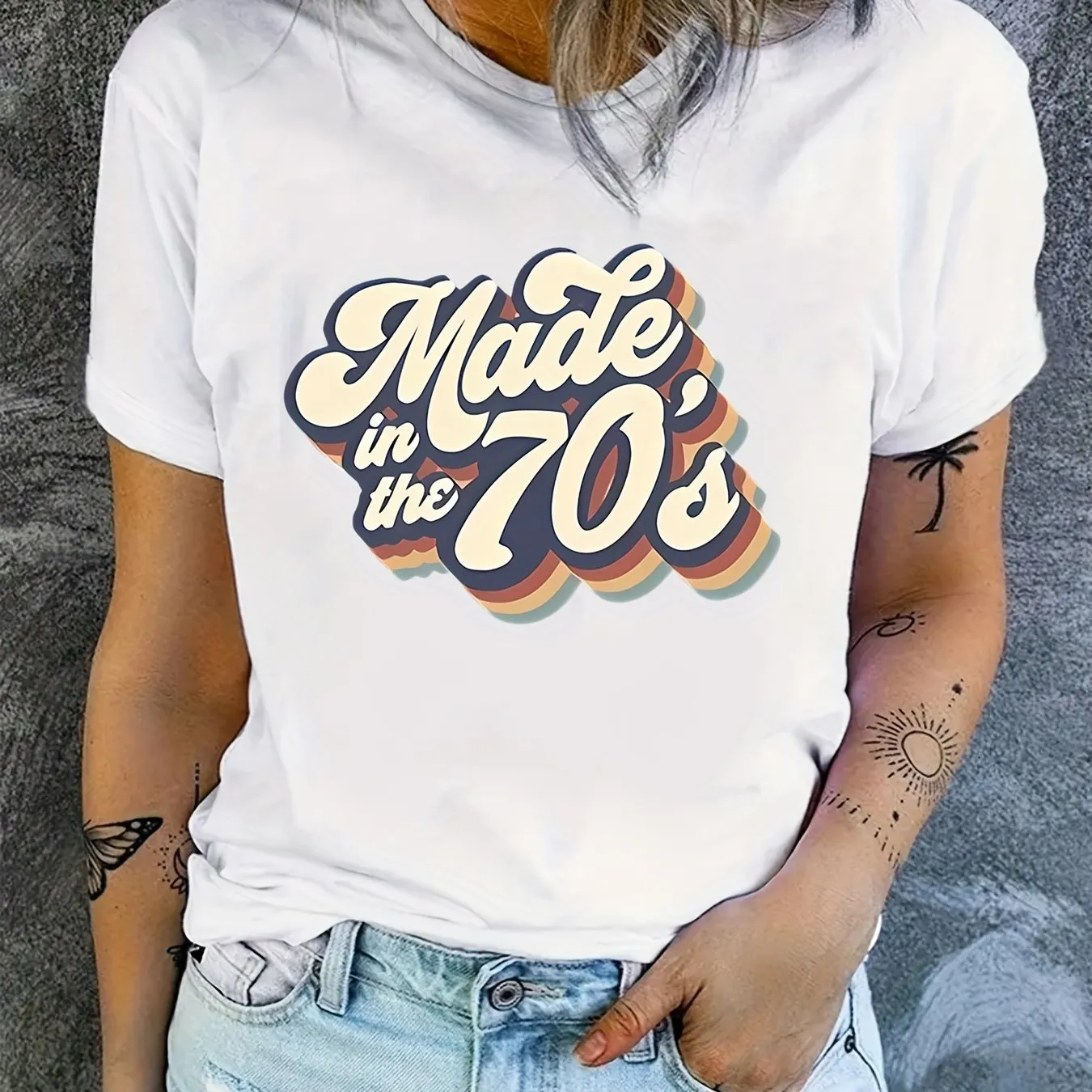 Plus Size Casual Women's Plus Art Letter "70s" Print  T-Shirt