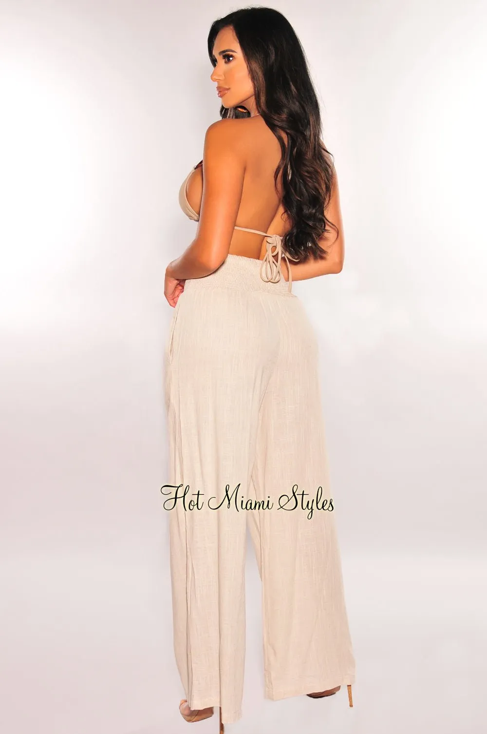 Sand Linen Smocked High Waist Palazzo Pants