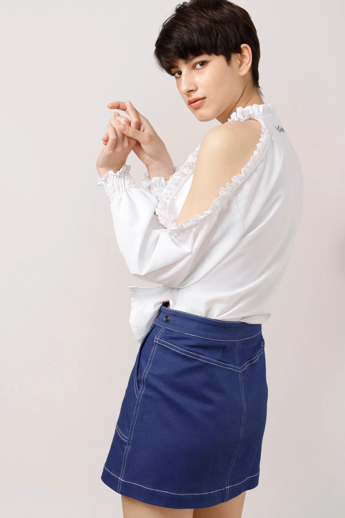 Streamers-Trimmed One Shoulder Cotton Poplin Top