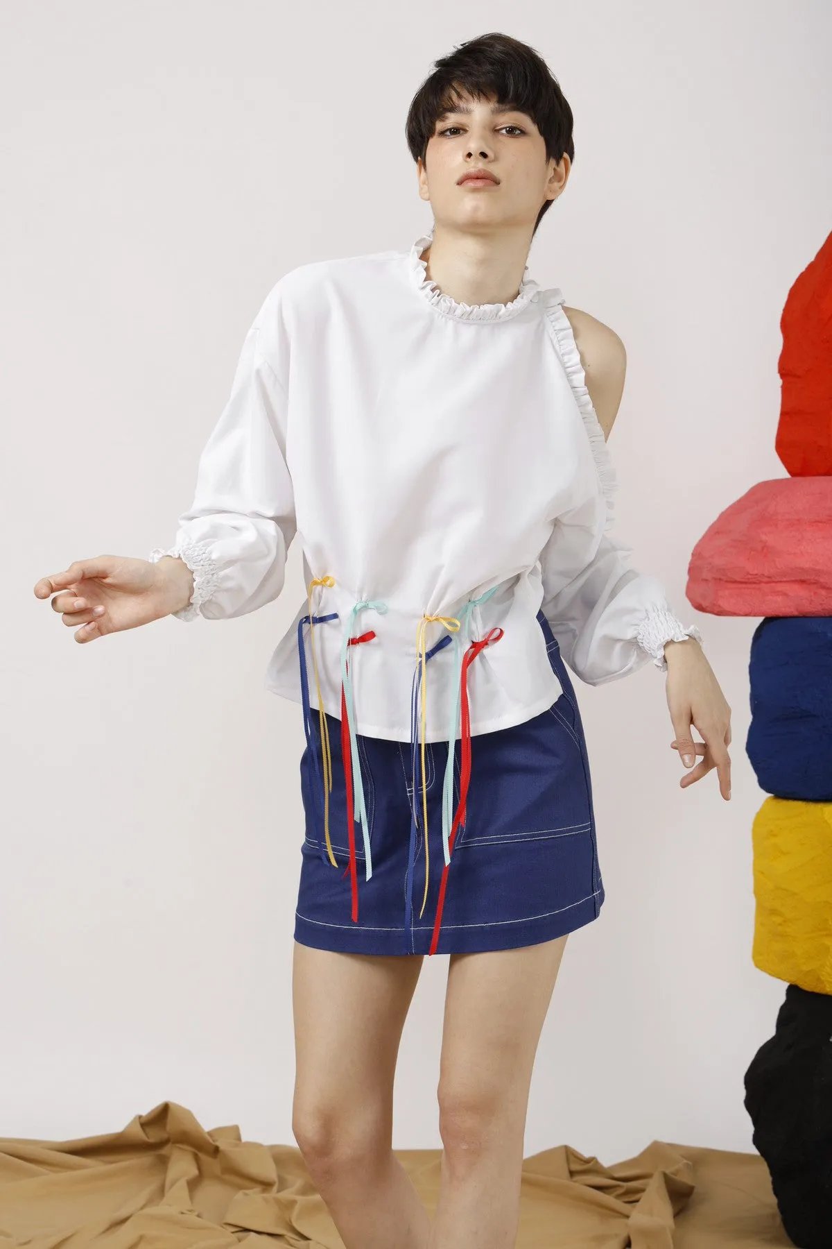 Streamers-Trimmed One Shoulder Cotton Poplin Top