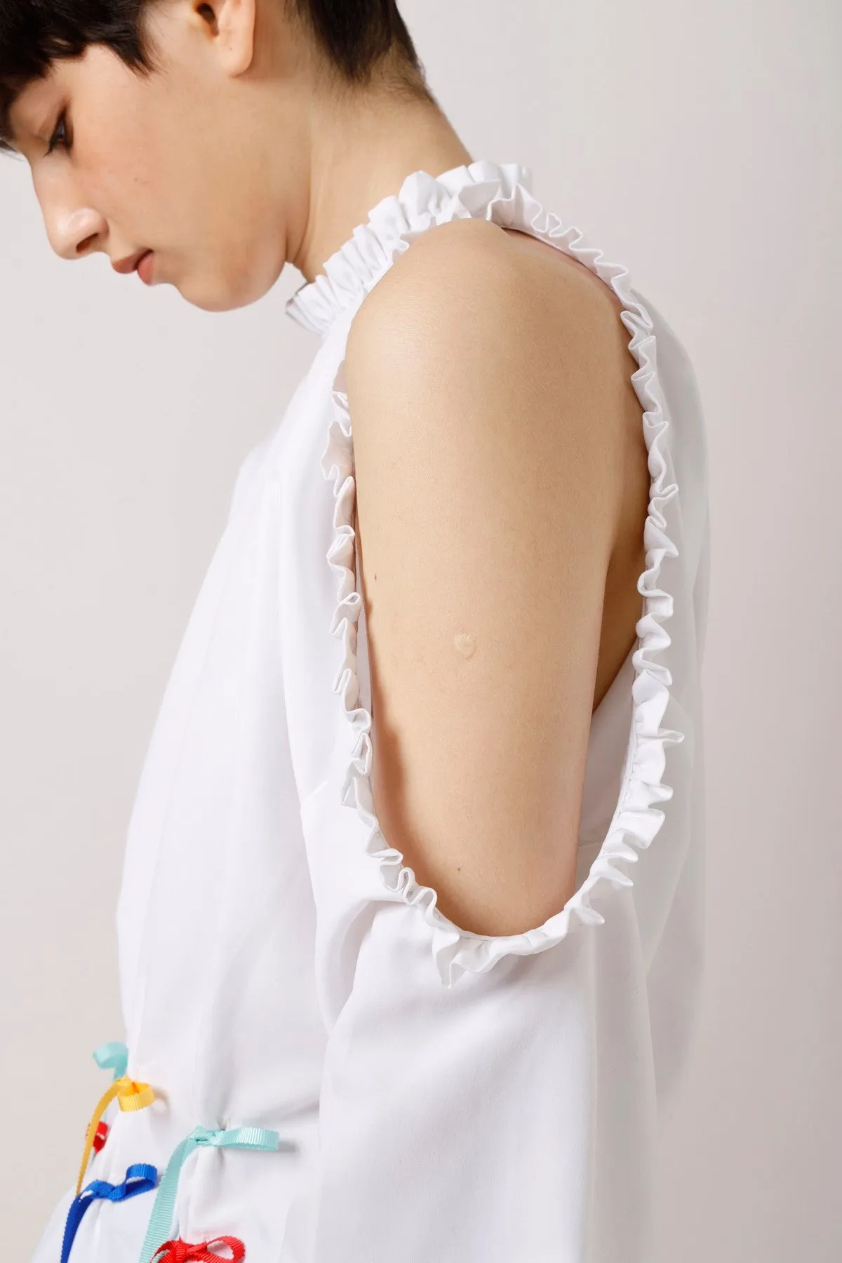 Streamers-Trimmed One Shoulder Cotton Poplin Top