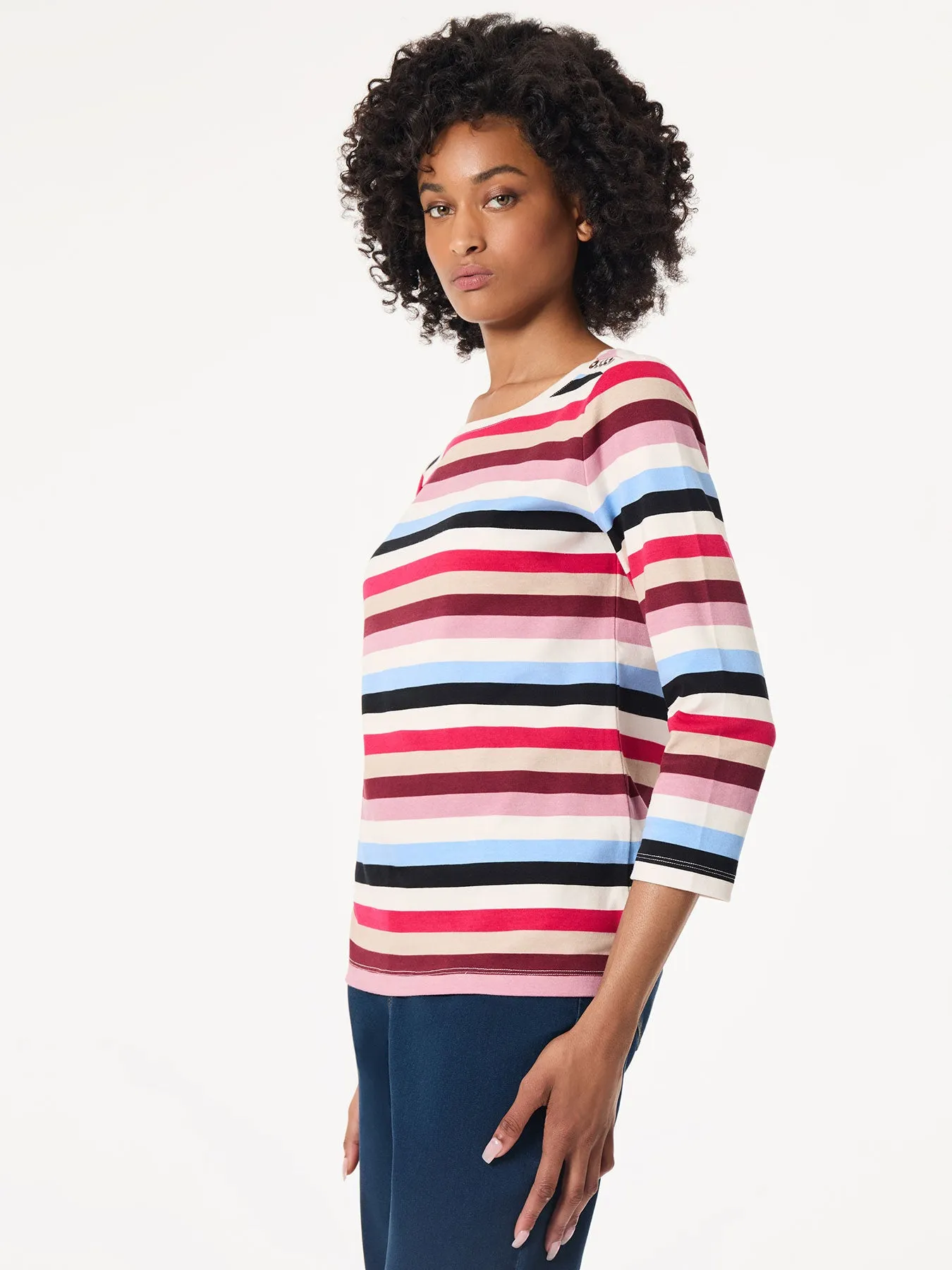 Striped 3/4 Sleeve Button Shoulder Tee