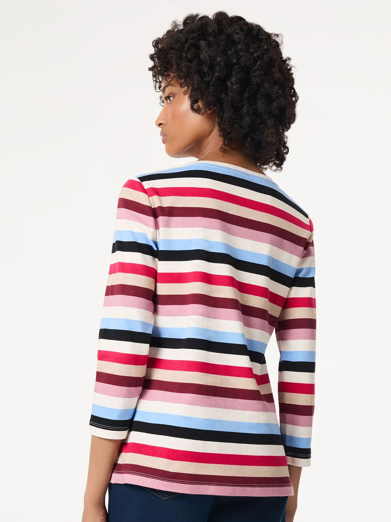 Striped 3/4 Sleeve Button Shoulder Tee