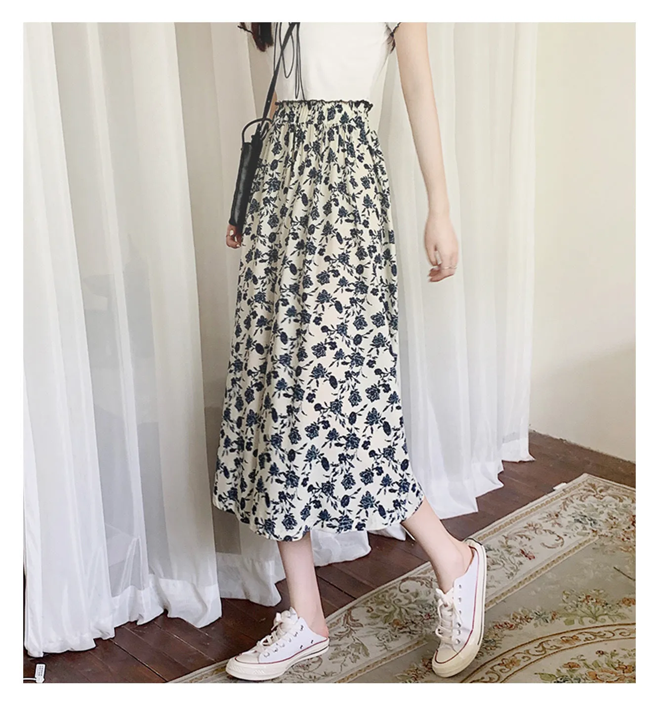 Summer Japanese Sweet Look Fresh Looking High Waist Slim Loose Personality Floral Trendy Matching Skirt ins Skirt