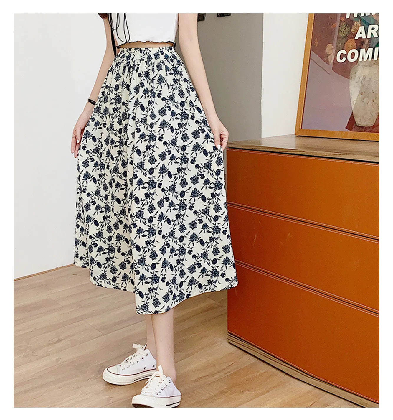 Summer Japanese Sweet Look Fresh Looking High Waist Slim Loose Personality Floral Trendy Matching Skirt ins Skirt