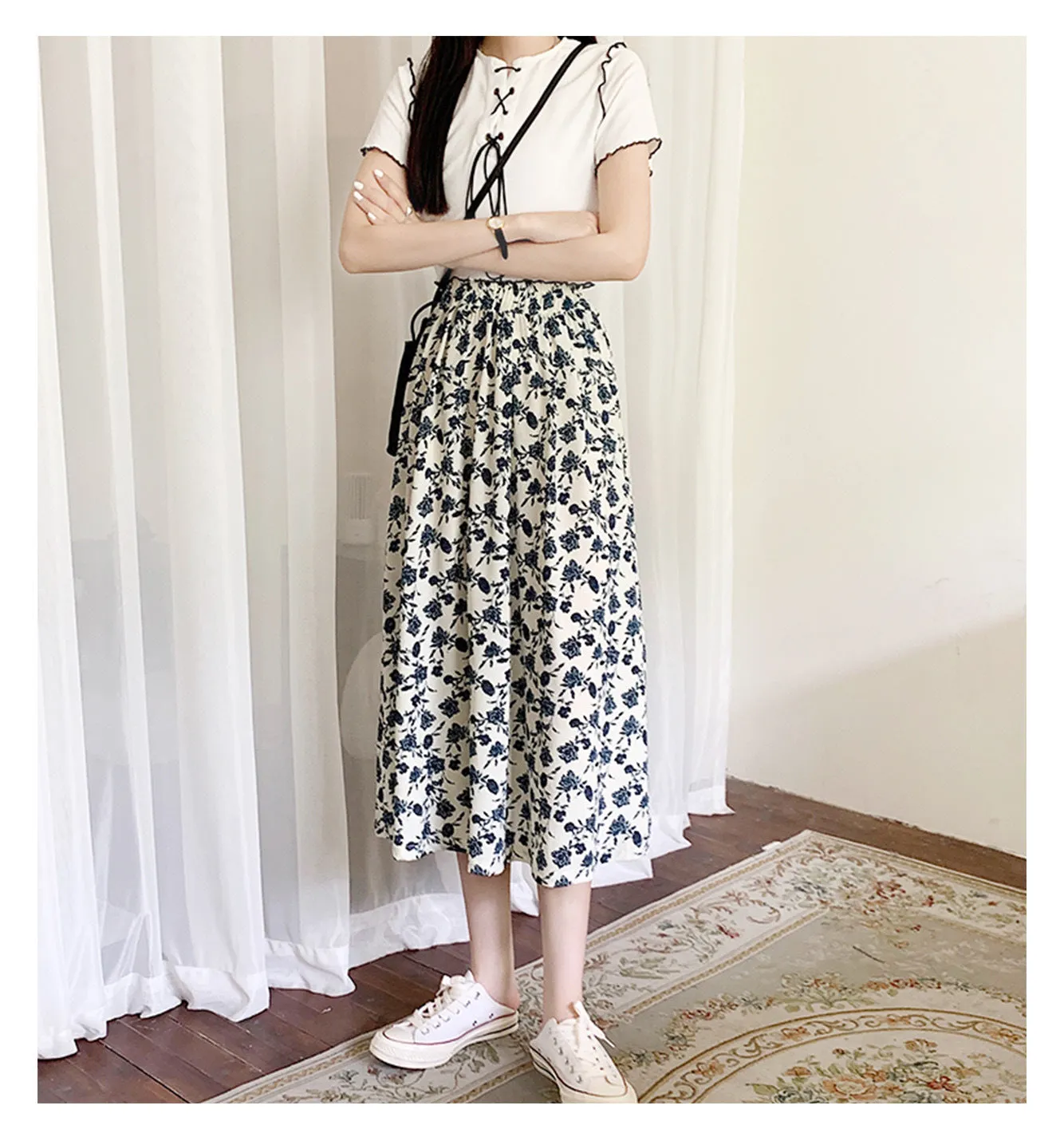 Summer Japanese Sweet Look Fresh Looking High Waist Slim Loose Personality Floral Trendy Matching Skirt ins Skirt