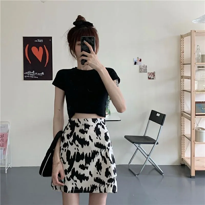 Summer Korean High Waist Slim-Look Color-Matching Printed A-Line Young Look Women Trendy Mid-Length Skirt