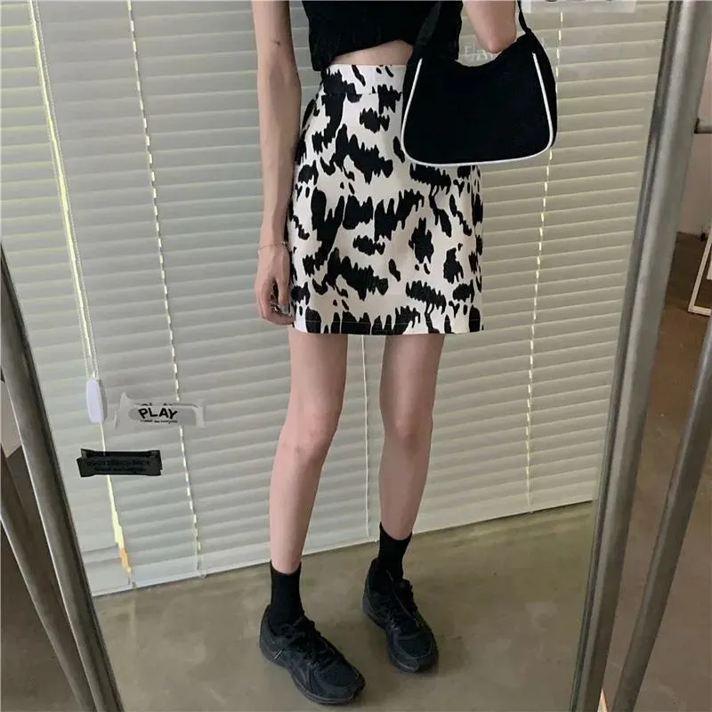 Summer Korean High Waist Slim-Look Color-Matching Printed A-Line Young Look Women Trendy Mid-Length Skirt